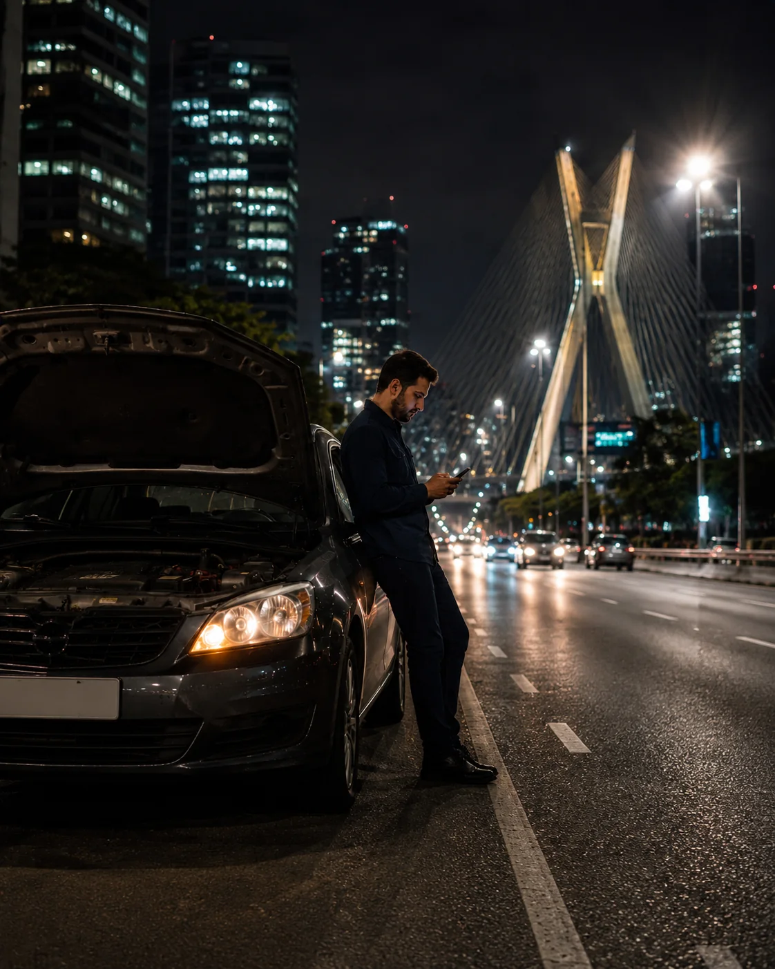 Motorista solicitando atendimento ao lado de um carro quebrado em São Paulo